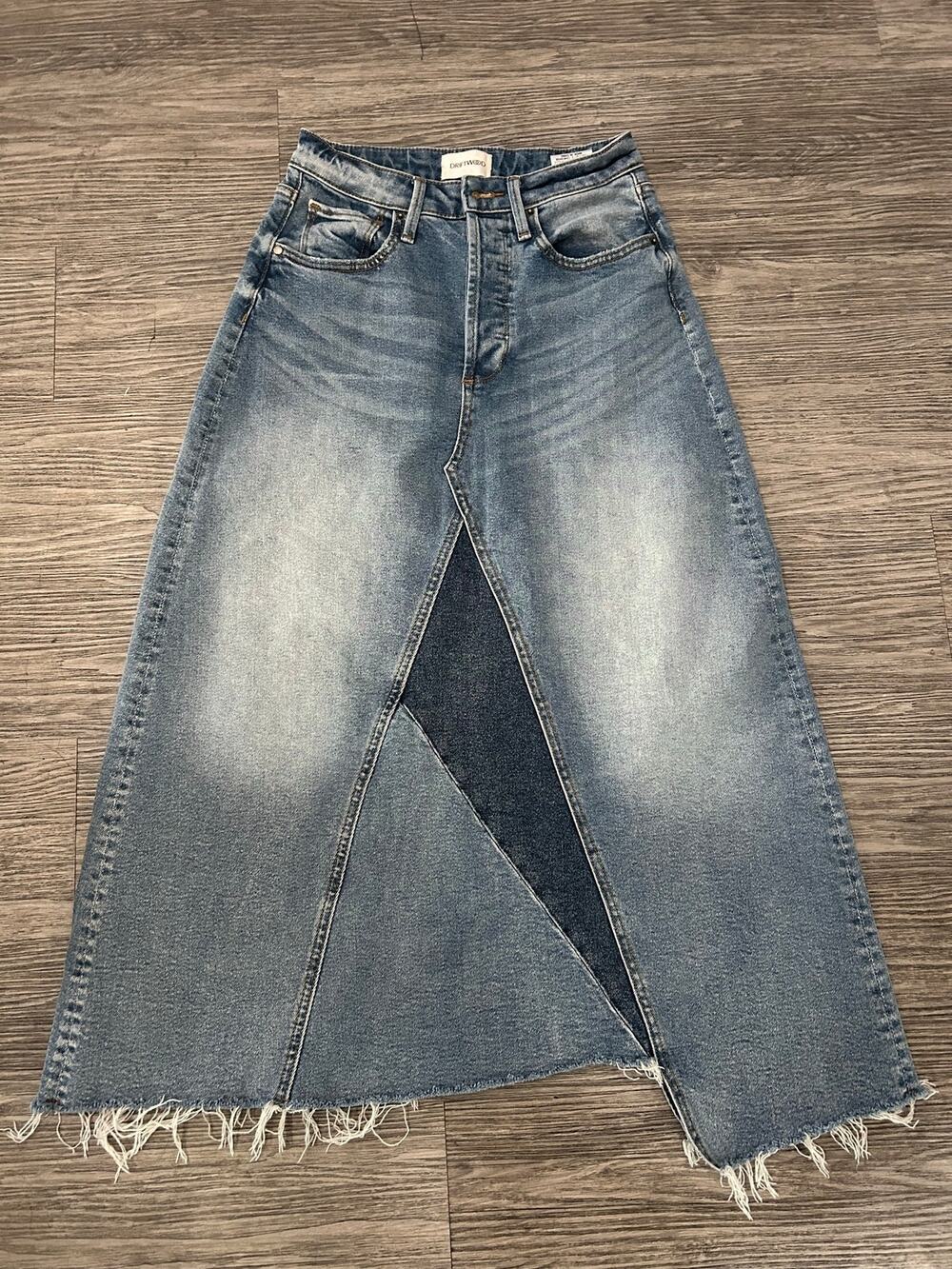 Driftwood Katie High Rise Front Split Raw Hem Maxi Denim Skirt Blue Size 25